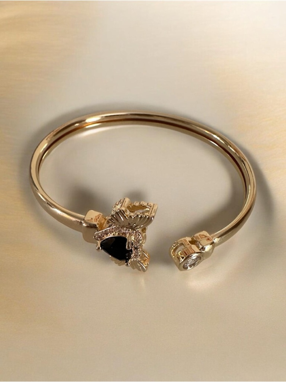 Gold Open Cuff Bracelet with Black Stone Accent - Women Jewelry - Picture 4 of 7